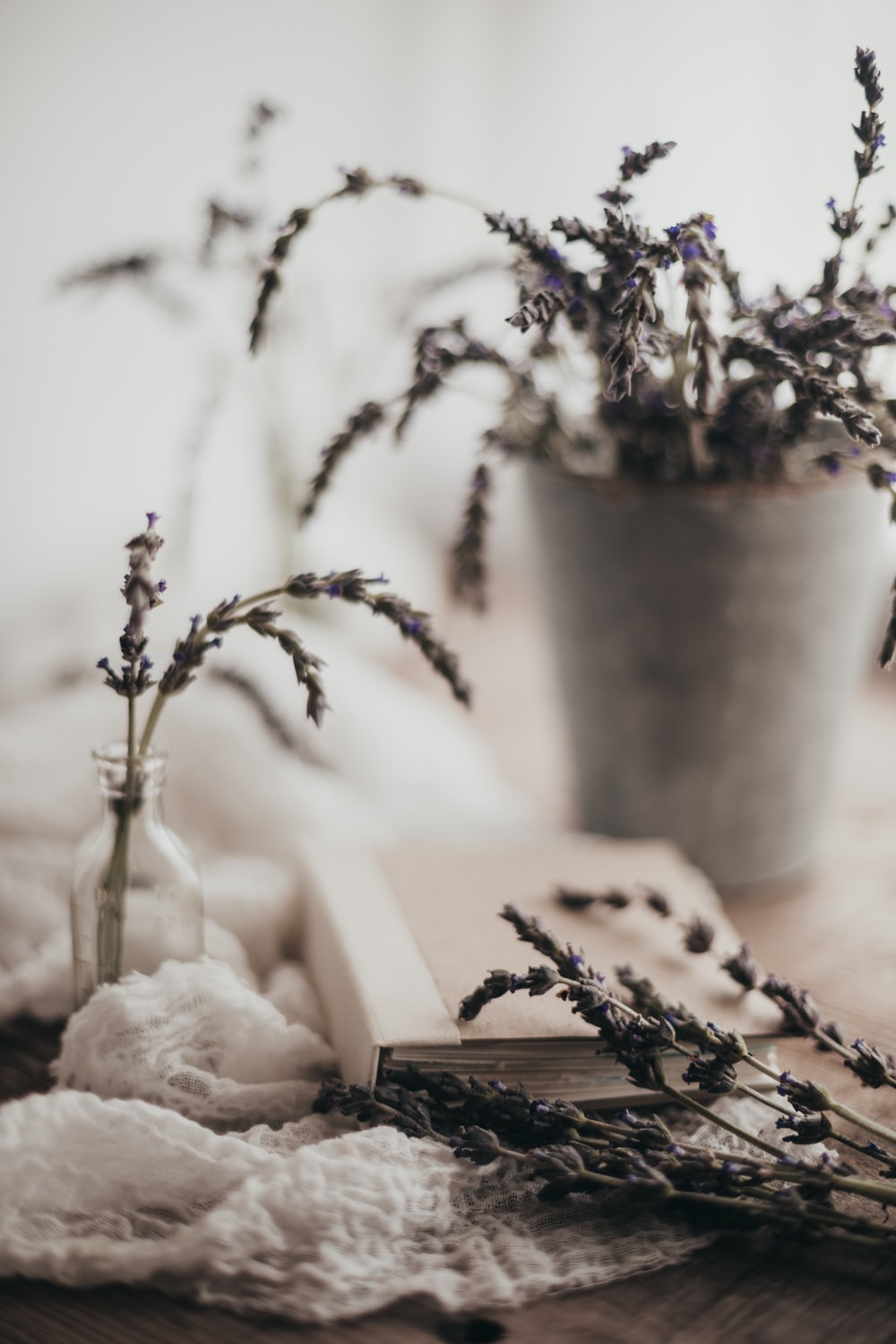 Lavenders in a bottle next to a book.